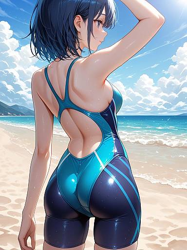 Girl in High-Cut Navy Blue Swimsuit on Beach