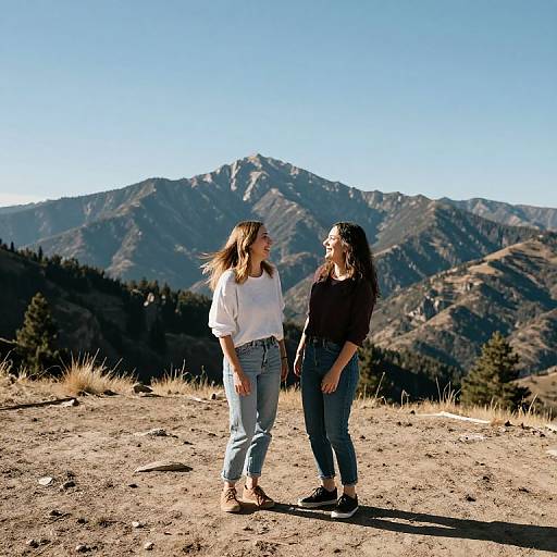 Photograph of two women with long hair, one in a white top and jeans, the other in a black top and jeans, standing on a rocky