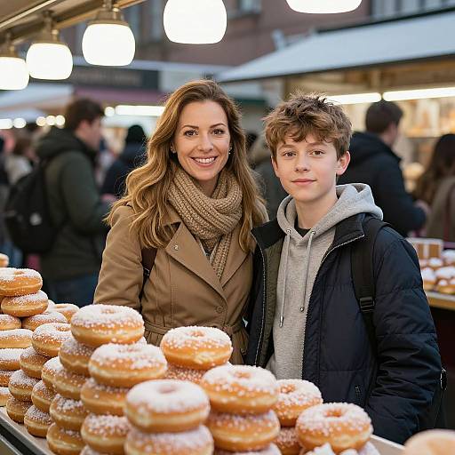 Photograph of a smiling woman with long brown hair, beige coat, and scarf, standing beside a young boy in a black jacket, in front of