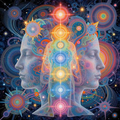 Digital artwork of two transparent human heads facing left, with colorful, glowing chakras and cosmic patterns on a dark background.