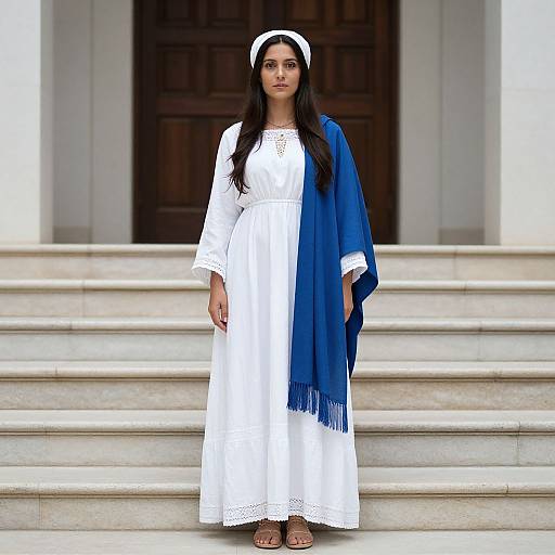 Photograph of a young woman with long dark hair, wearing a white embroidered dress, blue shawl, white headband, and brown sandals, standing