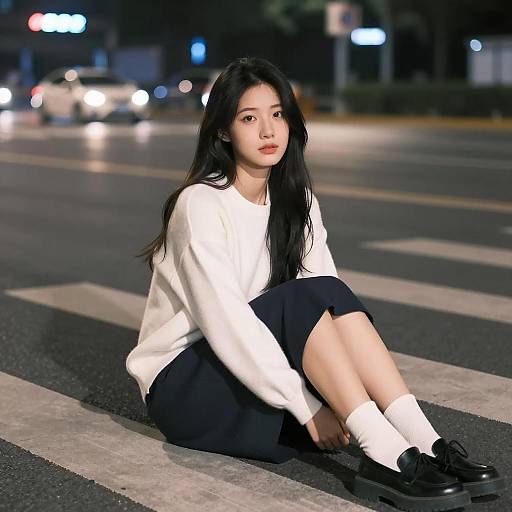Asian Woman Sitting on Road at Night
