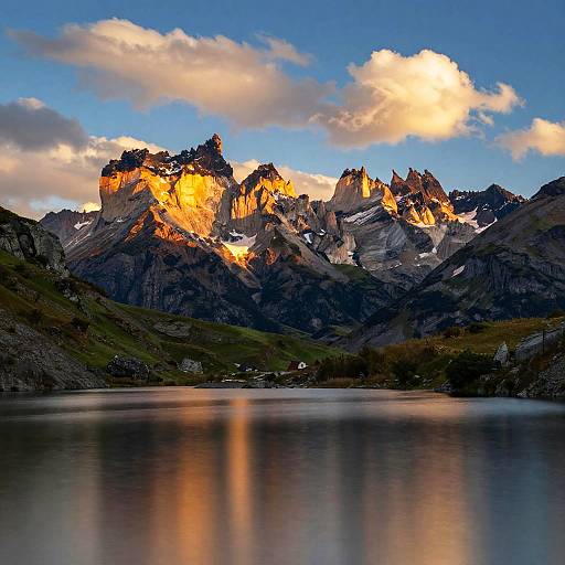 Golden Sunset Over Rugged Mountain Peaks with Reflective Lake