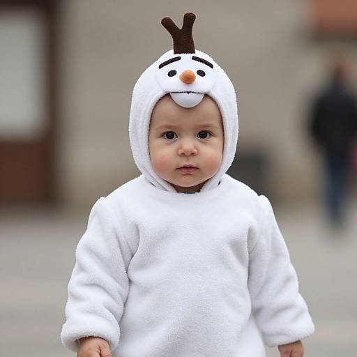 Photograph of a baby in a white snowman costume with brown antlers, orange nose, and black eyes, standing outdoors with blurred background.