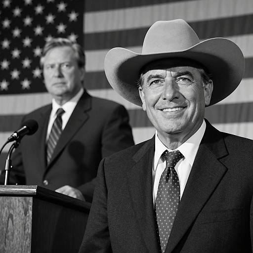 Smiling Man in Cowboy Hat with Politician at Podium