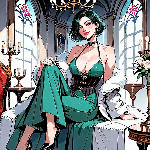 Digital art of a sexy woman with short green hair, large breasts, in a green dress with fur, black corset, sitting in a gothic