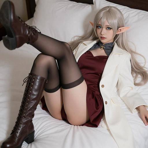Young Elf Woman in Fantasy Outfit on Bed