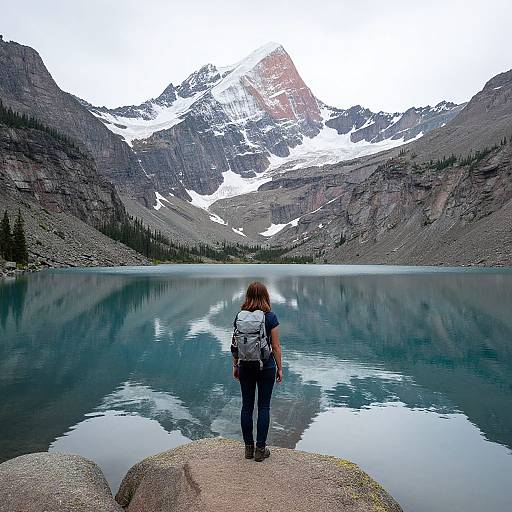 Photograph of a woman with a backpack, brown hair, standing on a rock, gazing at a serene mountain lake with snow-capped peaks reflected
