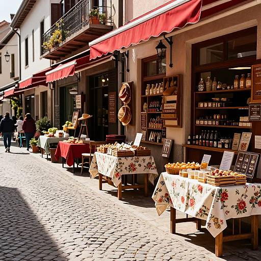Sunlit Cobblestone Alley with Awnings