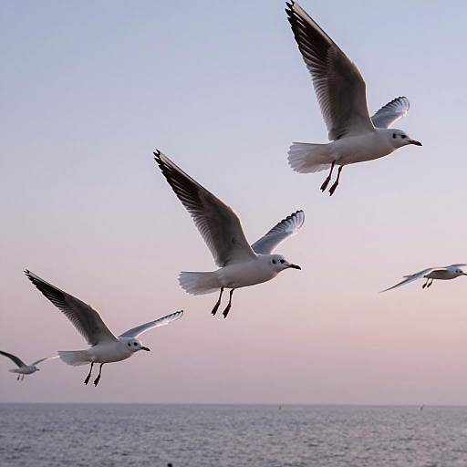 Seagulls in Flight Over Serene Sunset