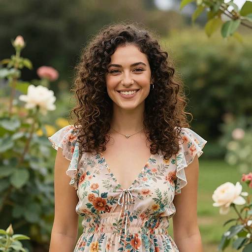 Photograph of a smiling woman with curly brown hair, wearing a floral dress, standing in a blooming garden with blurred flowers in the background.