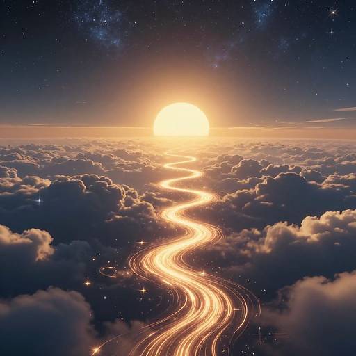 Digital artwork: Bright, glowing light trail snakes through a celestial sky, surrounded by fluffy clouds, with the sun rising behind and a starry backdrop.