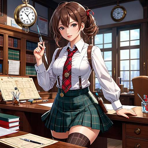 Anime-style drawing of a cute, brown-haired girl in a white shirt, red tie, green plaid skirt, and thigh-high stockings, holding a