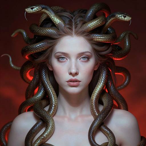 Digital artwork of a pale, blue-eyed woman with long, wavy brown hair entwined by multiple snakes, against a dark red background. Her