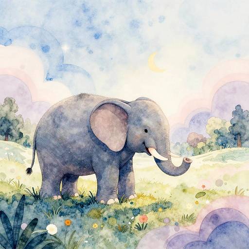 Whimsical Curvy Elephant Watercolor Scene