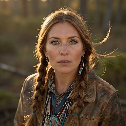 Photograph of a serious, fair-skinned woman with long, braided brown hair, wearing a camo jacket and Native-inspired jewelry, sunlight illumin