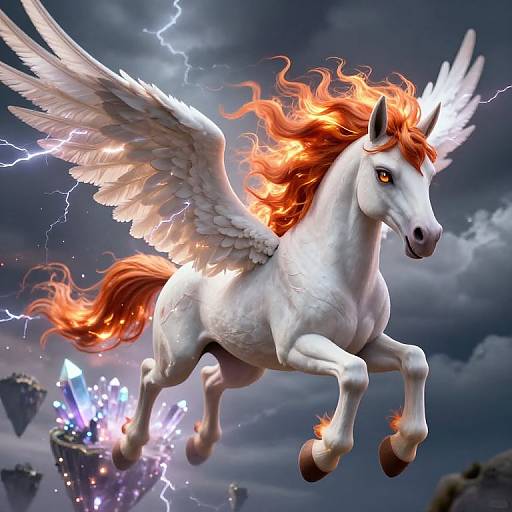 Digital artwork of a fiery white pegasus with glowing orange mane and tail, flying amidst a stormy sky with lightning and floating crystal structures.