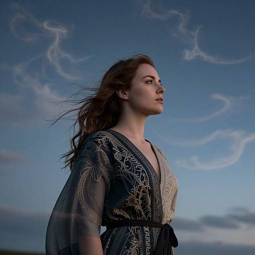 Photograph of a woman with long brown hair, wearing a black, embroidered blouse, standing against a blue sky with wispy clouds.