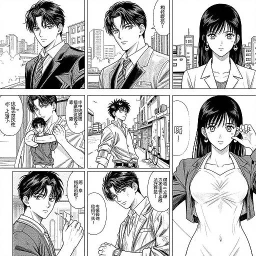 Black-and-white manga-style comic page featuring a serious young man in suits and a long-haired woman in a white shirt. Panels depict close-ups and dialog
