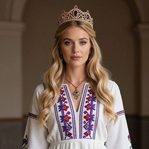 Regal Blonde Woman in Embroidered Dress