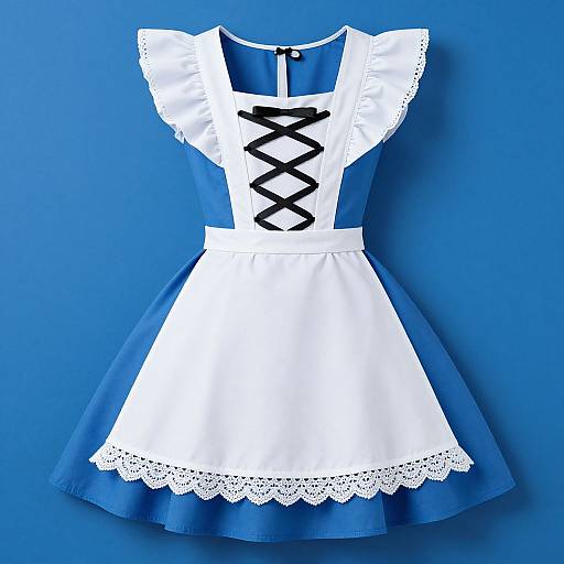 Photograph of a vintage-style blue and white maid dress with black ribbon lace-up detail, white lace trim, and short puffed sleeves, displayed against