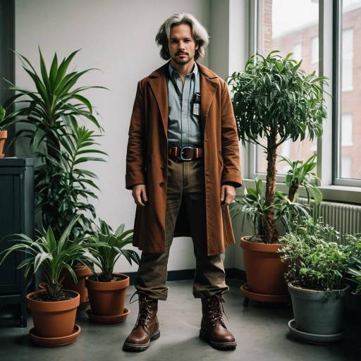 Man in Brown Coat Standing Indoors Among Plants
