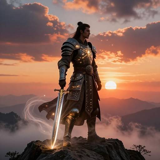 Epic photograph of a muscular, armored warrior with flowing hair, holding a glowing sword, standing on a rocky peak at sunset, with dramatic clouds and