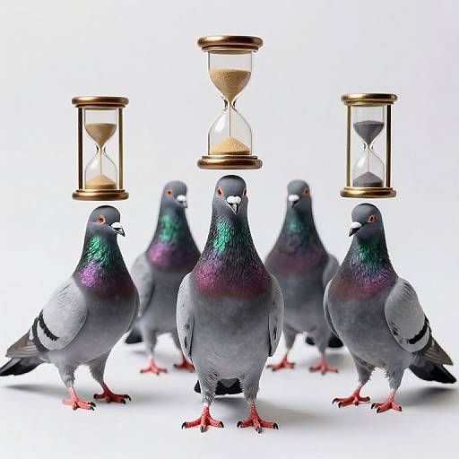 Surreal Pigeons with Miniature Hourglasses
