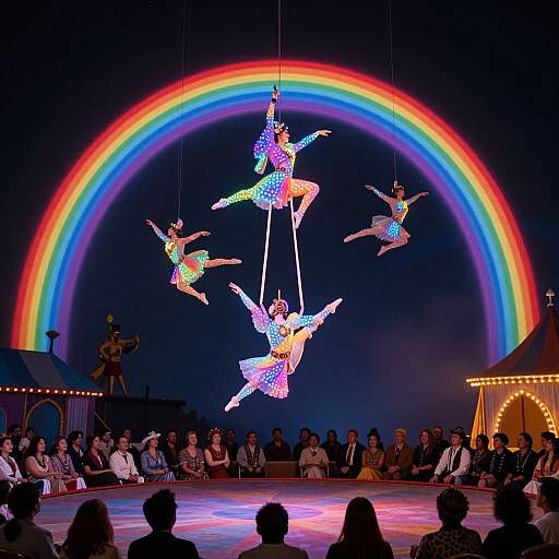 Photograph of four aerialists in colorful, polka-dot costumes, suspended mid-air by ropes, under a vibrant rainbow backdrop, performing for an audience