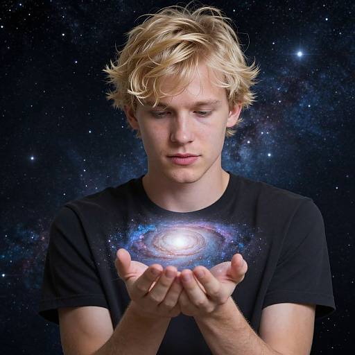 Young blonde man with tousled hair, black shirt, holding glowing galaxy in hands, against starry space background, digital art.