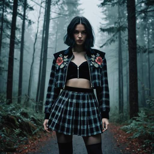 Edgy Woman in Plaid Outfit in Misty Forest
