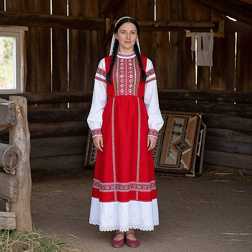 Photograph of a young woman with long black hair, wearing a red and white embroidered traditional dress, standing in a rustic wooden barn with a window and