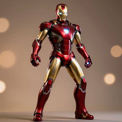 Photograph of a detailed, red and gold Iron Man suit standing with a glowing blue chest emblem, against a blurred bokeh background.