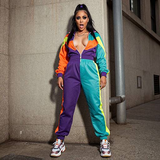 Photograph of a curvy woman with dark hair, wearing a colorful track suit with deep V-neck, orange, blue, purple, and yellow,