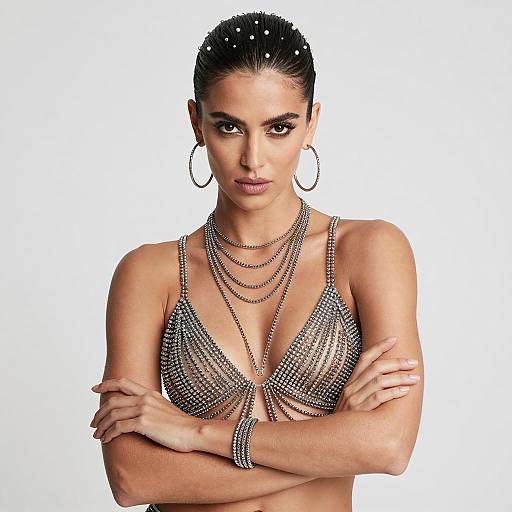 Elegant Woman in Beaded Silver Attire