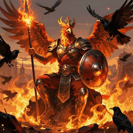 Digital fantasy artwork: Fiery armored phoenix warrior with wings, holding a spear and shield, surrounded by flames and black ravens.