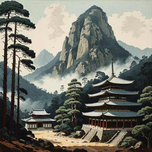 Mountain Monastery and Pagoda in Misty Forest