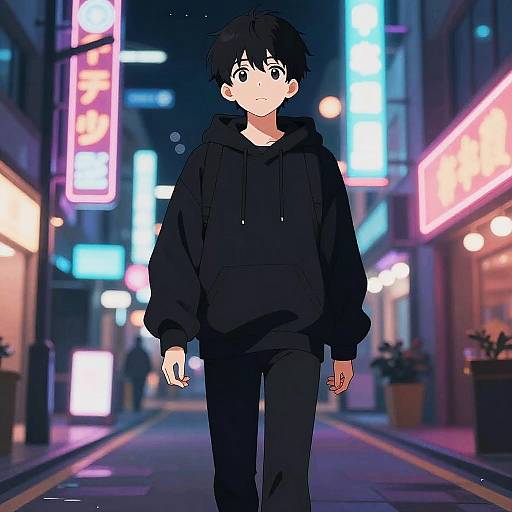 Anime-style drawing of a young man with black hair, wearing a black hoodie and pants, walking down a neon-lit, urban street at night.