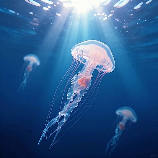 Photograph of three glowing jellyfish with translucent white bell-shaped bodies and long, flowing tentacles, illuminated by bright sunlight filtering through dark blue ocean water