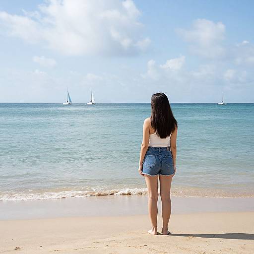 Photograph of a woman with long black hair, wearing a white tank top and denim shorts, standing on a sunny beach, facing the calm, blue