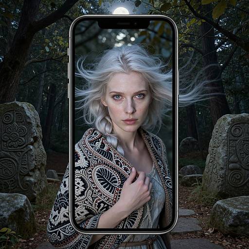 Photograph of a pale-skinned, blue-eyed woman with long white hair in a braid, wearing a black-and-white patterned robe, framed