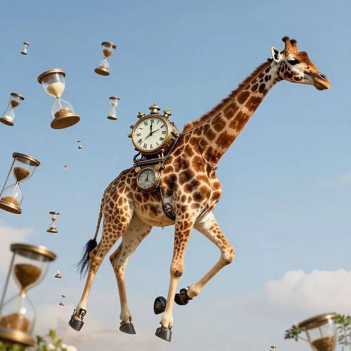 Photograph of a giraffe with two clocks on its back, surrounded by floating hourglasses, against a bright blue sky.
