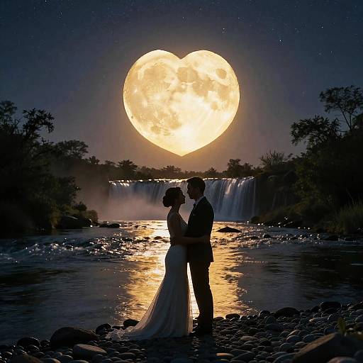 Silhouetted bride and groom stand in shallow river under glowing heart-shaped moon, with waterfall and starry sky in background. Photographic art.
