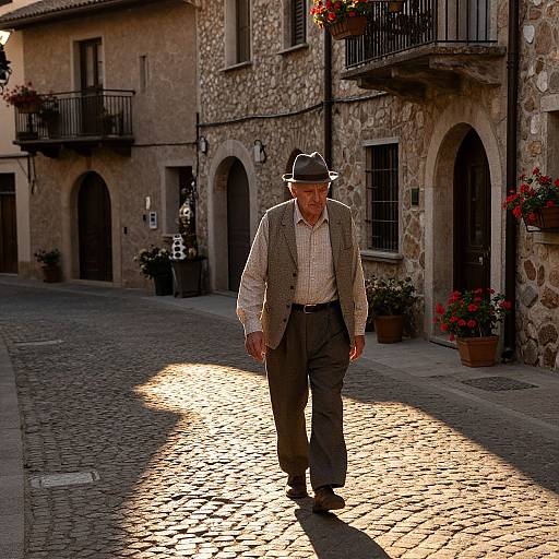 Elderly Man in Vintage European Village