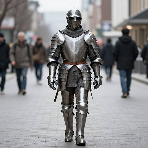 Photograph of a person in full medieval knight armor walking down a blurred urban street, with blurred pedestrians in the background.