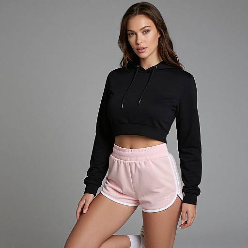 Photograph of a young woman with long brown hair, wearing a black cropped hoodie and pink athletic shorts, standing against a plain gray background.