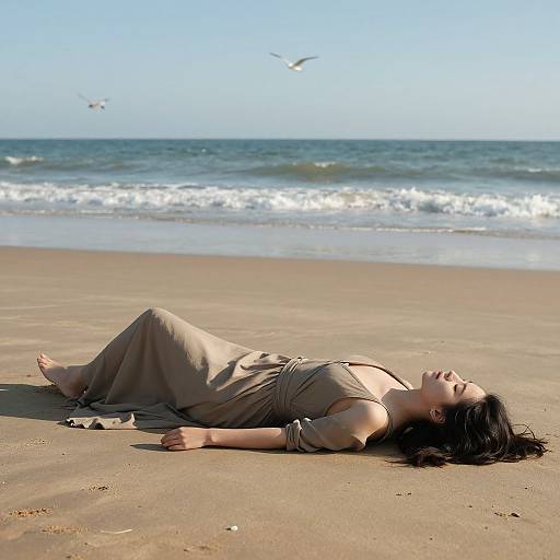 Photograph of an Asian woman with long black hair, lying on a sandy beach, wearing a beige dress, eyes closed, ocean waves and seag