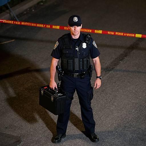Photograph of a male police officer in black uniform, cap, and tactical gear, holding a black briefcase, standing on a dark, taped-off