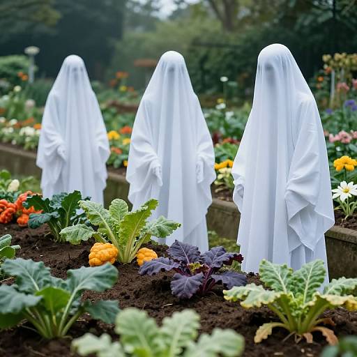 Ghostly Cloaked Figures in Mystical Garden