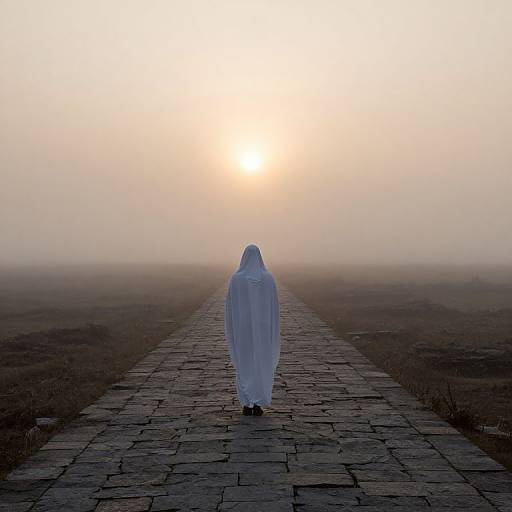 Photograph of a ghostly figure in a white, flowing cloak walking down a foggy, stone path towards a bright, glowing sunrise.